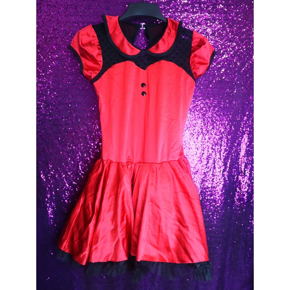Red Dance Costume S/M Curtain Call Polka Dot Mesh Peter Pan Collar Ladybug Retro